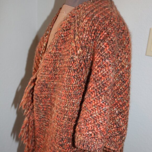 Chico's Knit Crochet Fringe Boho Sweater Open Front Cardigan Size 2/L Wool Blend - Picture 8 of 14